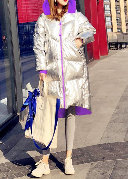 New Silver Patchwork Purple Down Jacket Woman Loose Fitting Snow Jackets Hooded Zippered Jackets
