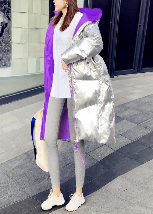 New Silver Patchwork Purple Down Jacket Woman Loose Fitting Snow Jackets Hooded Zippered Jackets