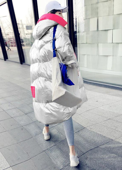New Silver Patchwork Purple Down Jacket Woman Loose Fitting Snow Jackets Hooded Zippered Jackets