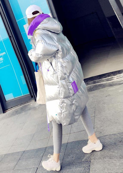 New Silver Patchwork Purple Down Jacket Woman Loose Fitting Snow Jackets Hooded Zippered Jackets