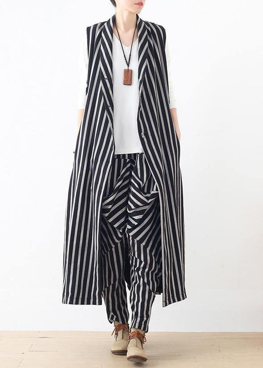 New Style Beige Loose Mid-length Striped Vest Elastic Waist Breeches Suit