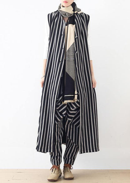New Style Beige Loose Mid-length Striped Vest Elastic Waist Breeches Suit