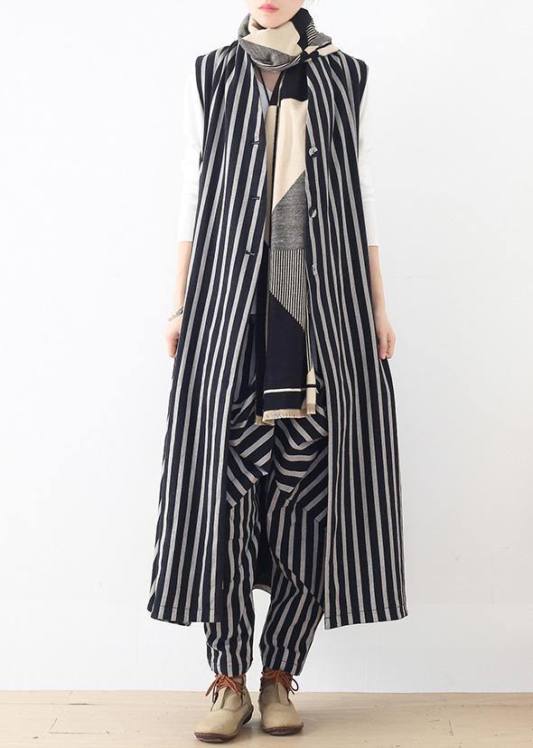 New Style Beige Loose Mid-length Striped Vest Elastic Waist Breeches Suit