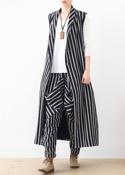New Style Beige Loose Mid-length Striped Vest Elastic Waist Breeches Suit