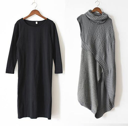 New Style Loose Literary Thick Knitted Stitching Woolen Gray Dress Outer Two-piece Suit
