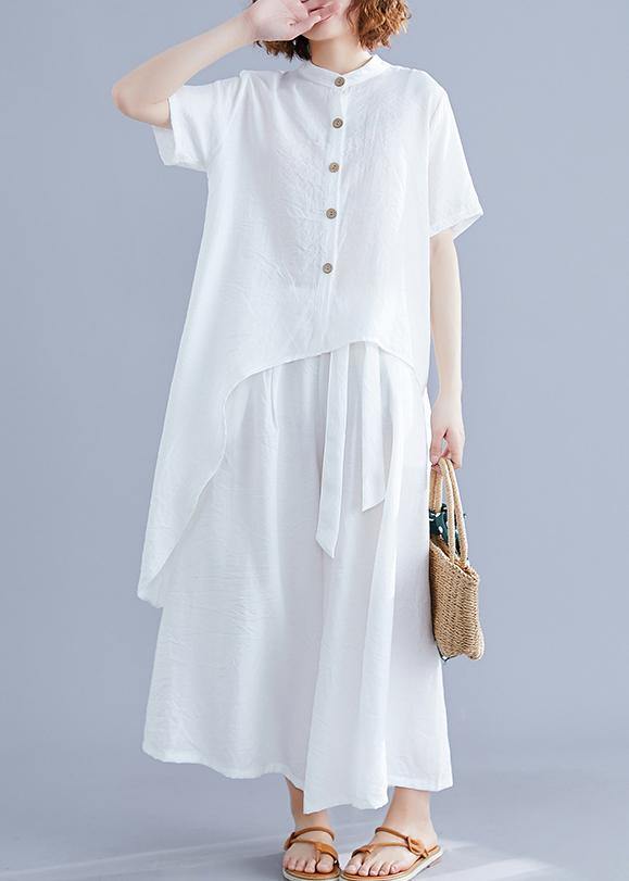 New Suit Retro Silk Hemp White Irregular Short-sleeved Shirt + Elastic Waist Strap Wide-leg Pants