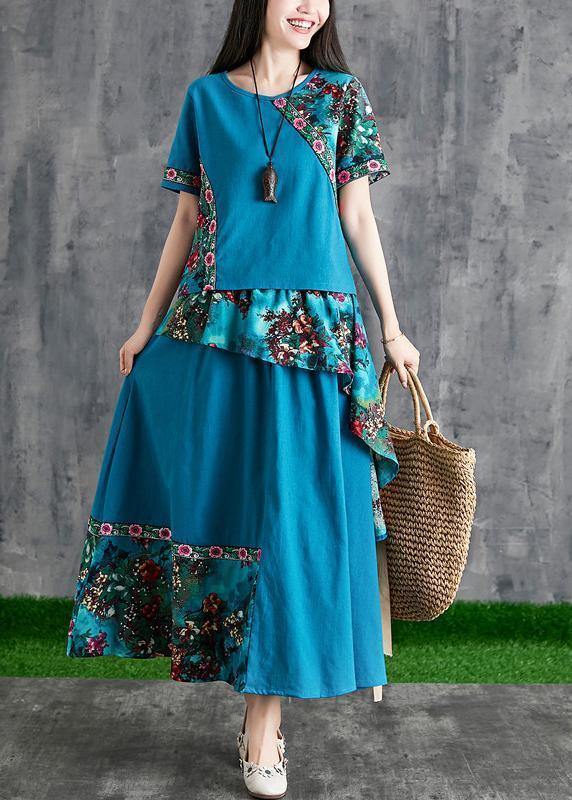 New Summer Cotton and Linen Contrast Color Mosaic Blue Print Small Fresh Wind Two-piece