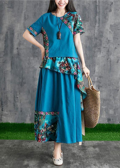 New Summer Cotton and Linen Contrast Color Mosaic Blue Print Small Fresh Wind Two-piece
