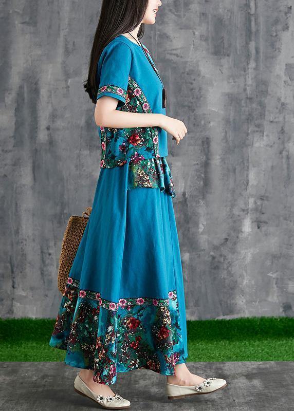 New Summer Cotton and Linen Contrast Color Mosaic Blue Print Small Fresh Wind Two-piece
