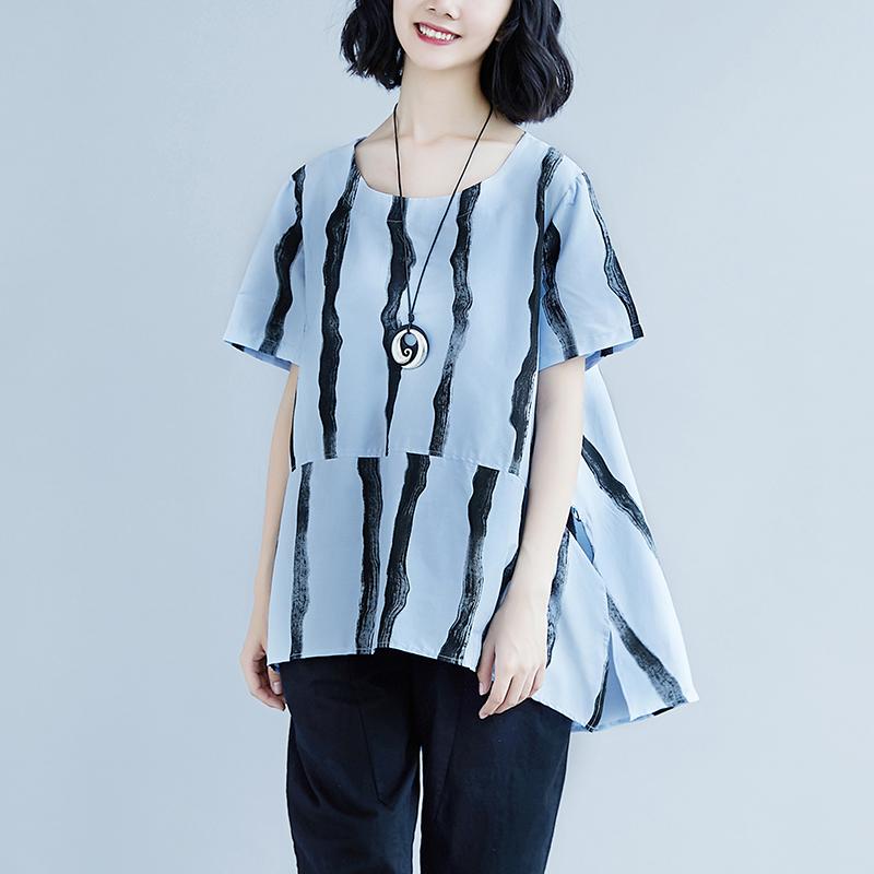 New Summer Cotton Blended T Shirt Short Sleeve Summer Stripe High-low Hem Blue Tops