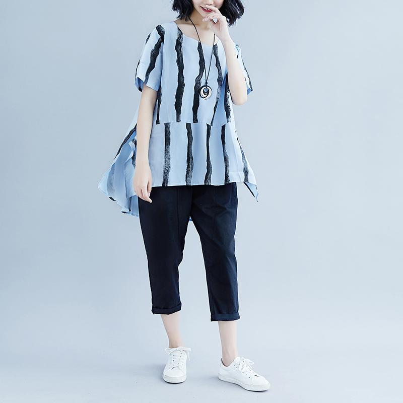 New Summer Cotton Blended T Shirt Short Sleeve Summer Stripe High-low Hem Blue Tops