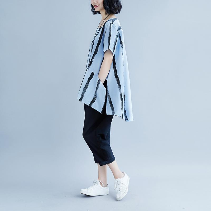 New Summer Cotton Blended T Shirt Short Sleeve Summer Stripe High-low Hem Blue Tops