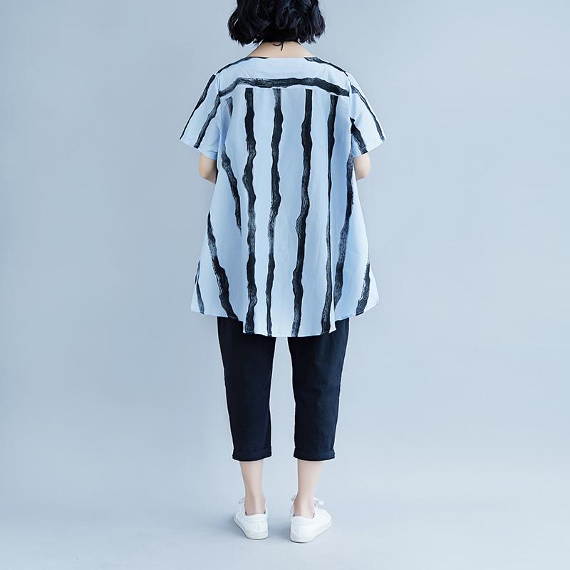 New Summer Cotton Blended T Shirt Short Sleeve Summer Stripe High-low Hem Blue Tops