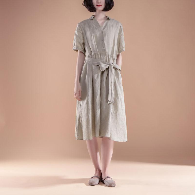 New Summer Dresses Loose Fitting Short Sleeve Pleated Belt Summer Beige Dress