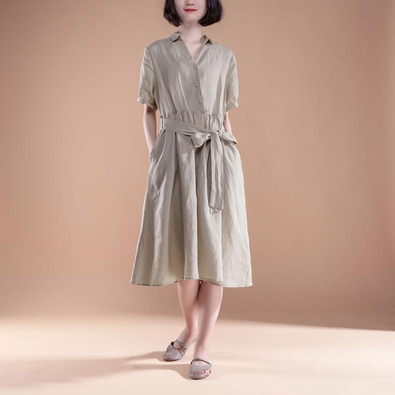 New Summer Dresses Loose Fitting Short Sleeve Pleated Belt Summer Beige Dress