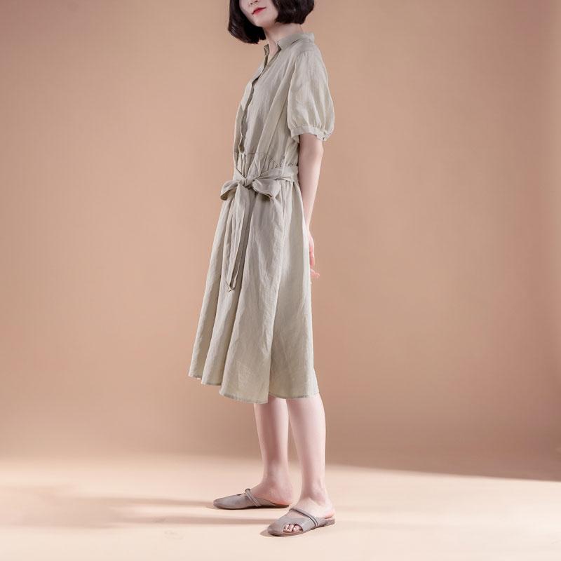New Summer Dresses Loose Fitting Short Sleeve Pleated Belt Summer Beige Dress