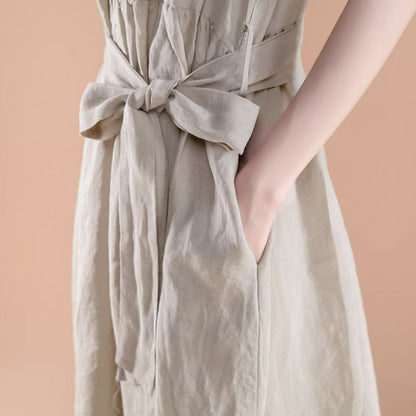 New Summer Dresses Loose Fitting Short Sleeve Pleated Belt Summer Beige Dress