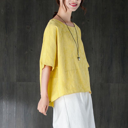 New Summer T Shirt Clothing Loose 12 Sleeve Yellow Jacquard Cotton Tops