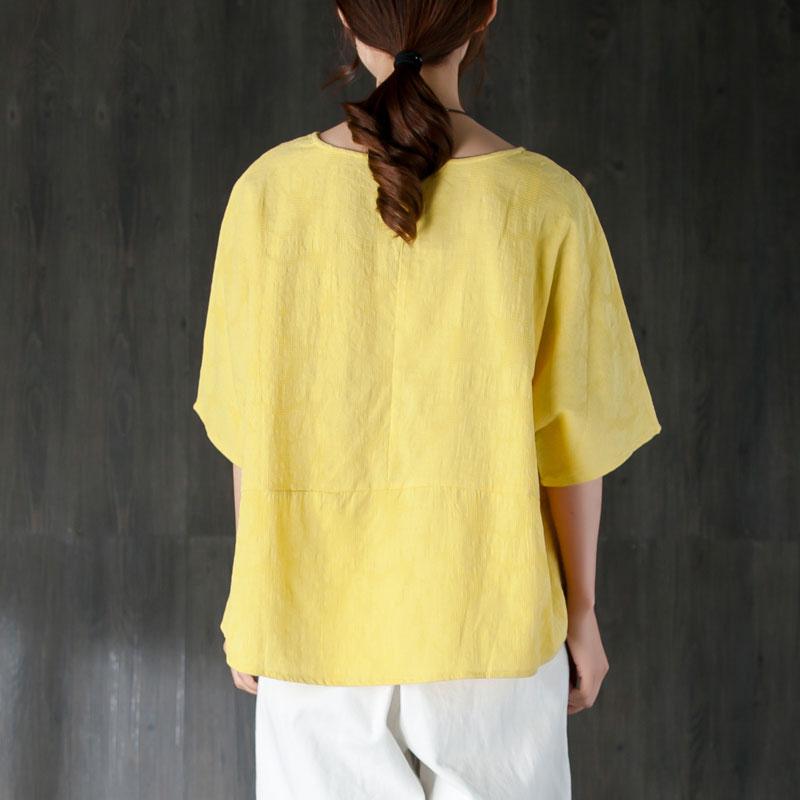 New Summer T Shirt Clothing Loose 12 Sleeve Yellow Jacquard Cotton Tops