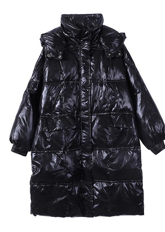 New Parka Coats Black Hooded Pockets Zippered Down Coats