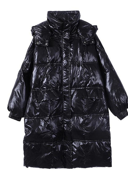 New Parka Coats Black Hooded Pockets Zippered Down Coats