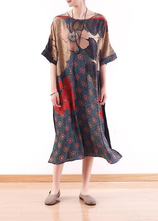 New Versatile Large Size Irregular Red Printed Silk Loose and Thin Dress