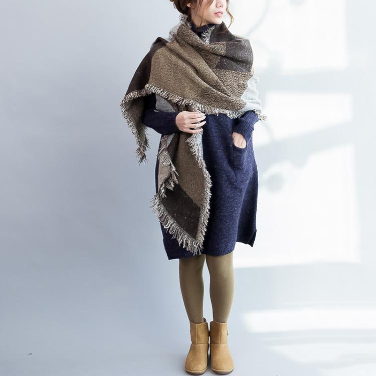 New Warm Thick Dark Blue Cotton Woolen Knitted Dresses Loose High Neck Sweater Dress Side Open