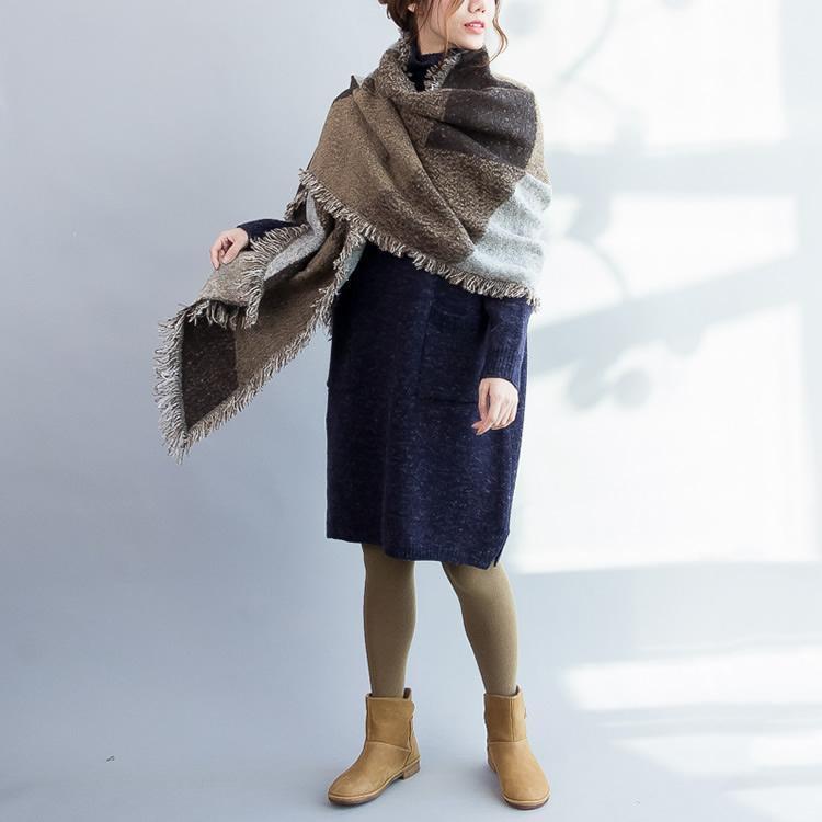 New Warm Thick Dark Blue Cotton Woolen Knitted Dresses Loose High Neck Sweater Dress Side Open