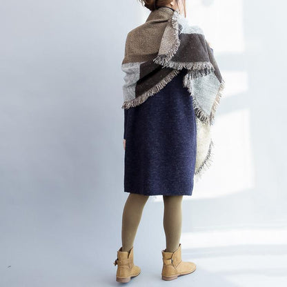 New Warm Thick Dark Blue Cotton Woolen Knitted Dresses Loose High Neck Sweater Dress Side Open