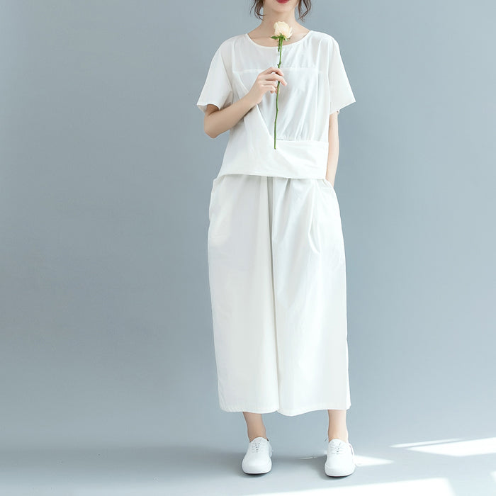 New White Cotton Maxi Dress Loose Fitting O Neck Cinched Traveling Clothing Short Sleeve Baggy Dresses