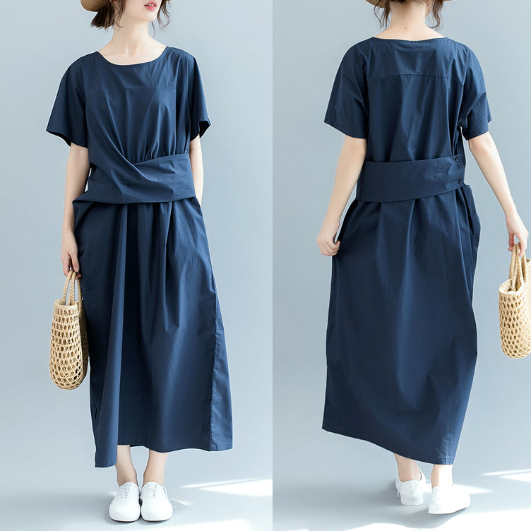 New White Cotton Maxi Dress Loose Fitting O Neck Cinched Traveling Clothing Short Sleeve Baggy Dresses