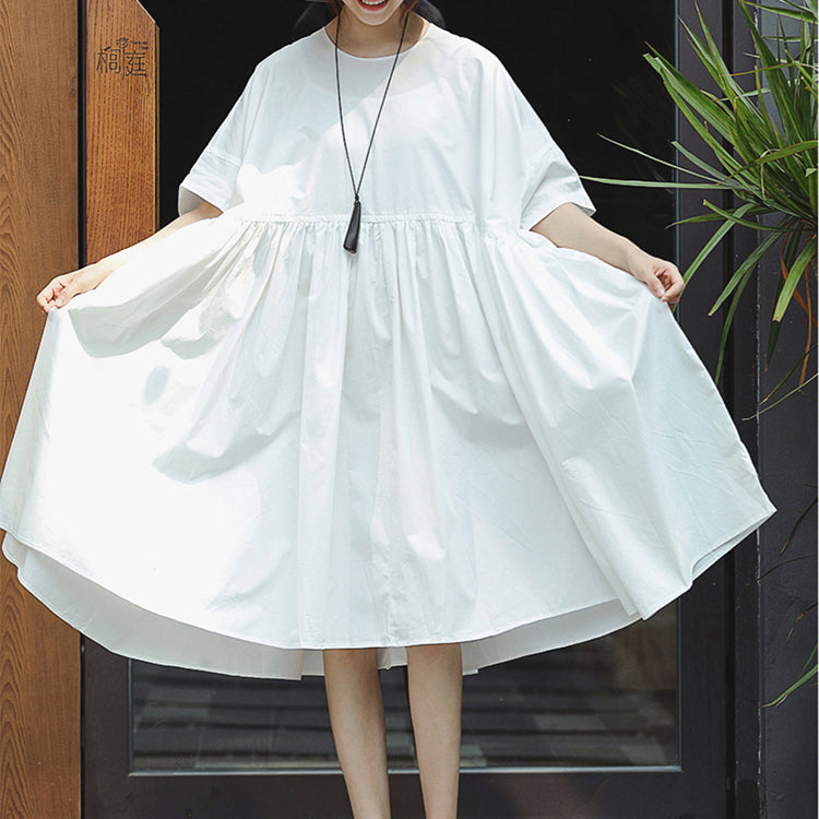 New White Cotton Maxi Dress O Neck Baggy Dresses Short Sleeve Large Hem Dresses
