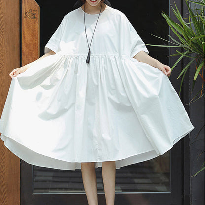 New White Cotton Maxi Dress O Neck Baggy Dresses Short Sleeve Large Hem Dresses