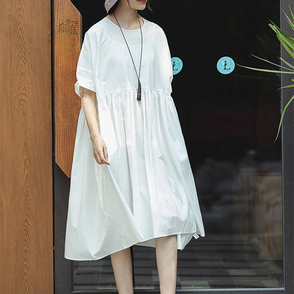 New White Cotton Maxi Dress O Neck Baggy Dresses Short Sleeve Large Hem Dresses