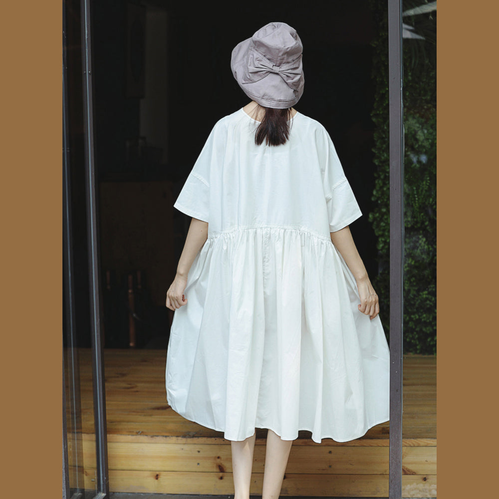 New White Cotton Maxi Dress O Neck Baggy Dresses Short Sleeve Large Hem Dresses