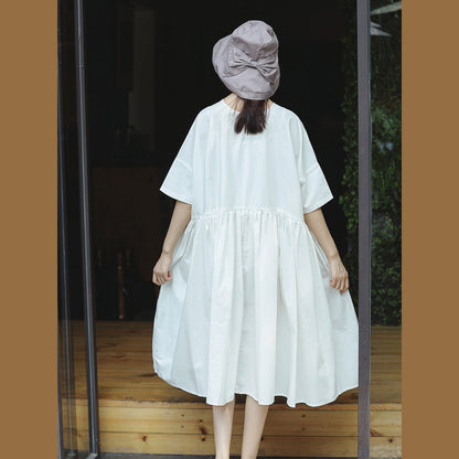 New White Cotton Maxi Dress O Neck Baggy Dresses Short Sleeve Large Hem Dresses