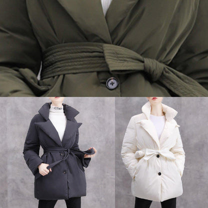 New White Duck Down Coat Plussize Tie Waist Winter Jacket Thick Coats