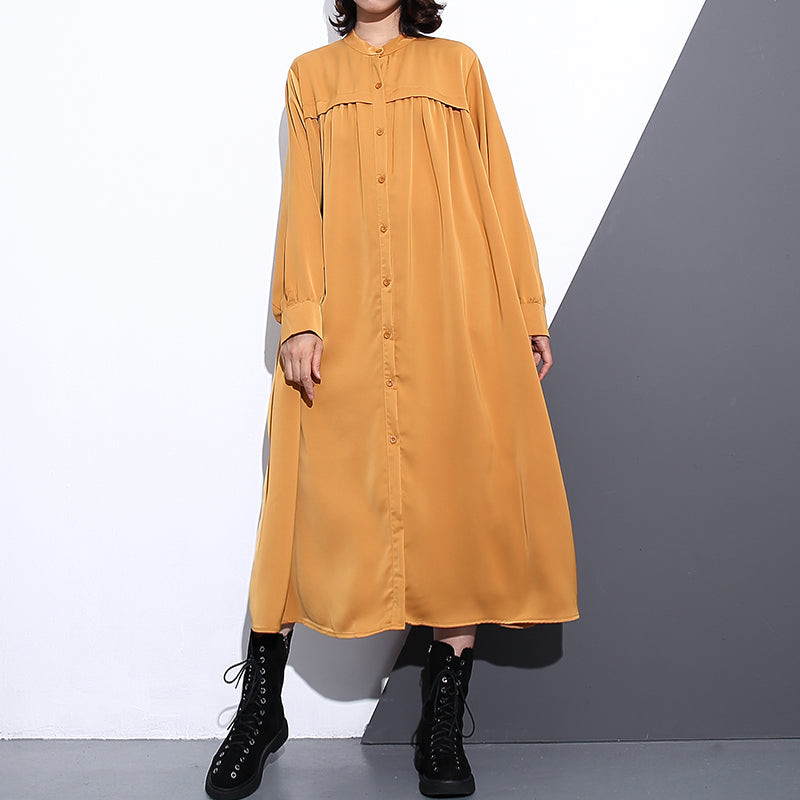 New Yellow Silk Cotton Blended Caftans Clothing Stand Collar Silk Cotton Blended Clothing Dress Fine Pockets Cinched Caftans