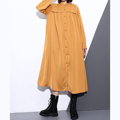 New Yellow Silk Cotton Blended Caftans Clothing Stand Collar Silk Cotton Blended Clothing Dress Fine Pockets Cinched Caftans