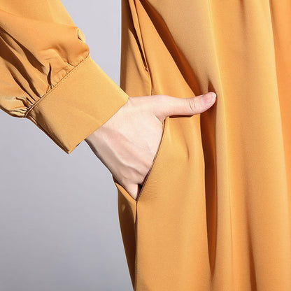 New Yellow Silk Cotton Blended Caftans Clothing Stand Collar Silk Cotton Blended Clothing Dress Fine Pockets Cinched Caftans
