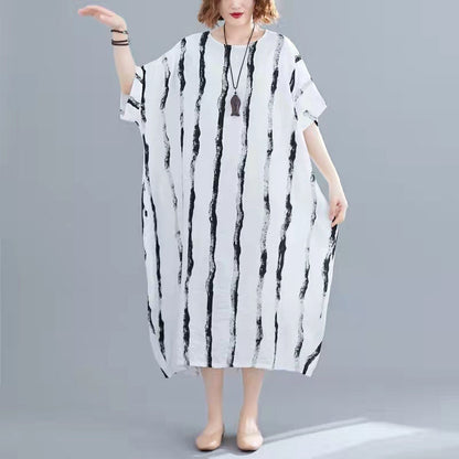 New Black Cotton Knee Dress Loose Fitting Dress Short Sleeve Baggy Dresses Print O Neck Cotton Dresses