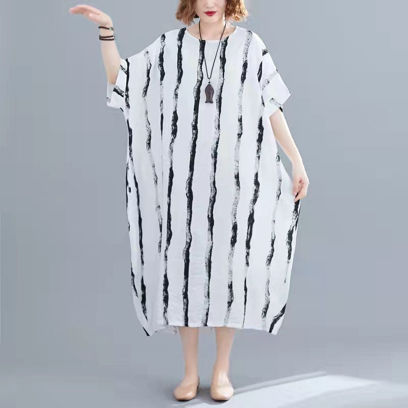 New Black Cotton Knee Dress Loose Fitting Dress Short Sleeve Baggy Dresses Print O Neck Cotton Dresses