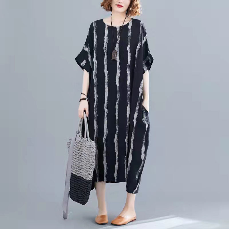 New Black Cotton Knee Dress Loose Fitting Dress Short Sleeve Baggy Dresses Print O Neck Cotton Dresses