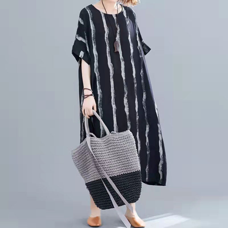 New Black Cotton Knee Dress Loose Fitting Dress Short Sleeve Baggy Dresses Print O Neck Cotton Dresses