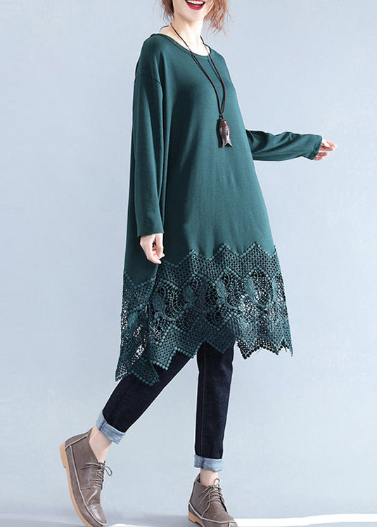 New Blackish Green Cotton Shift Dress Plussize Cotton Clothing Dresses Lace Ruffles Long Sleeve Cotton Dresses