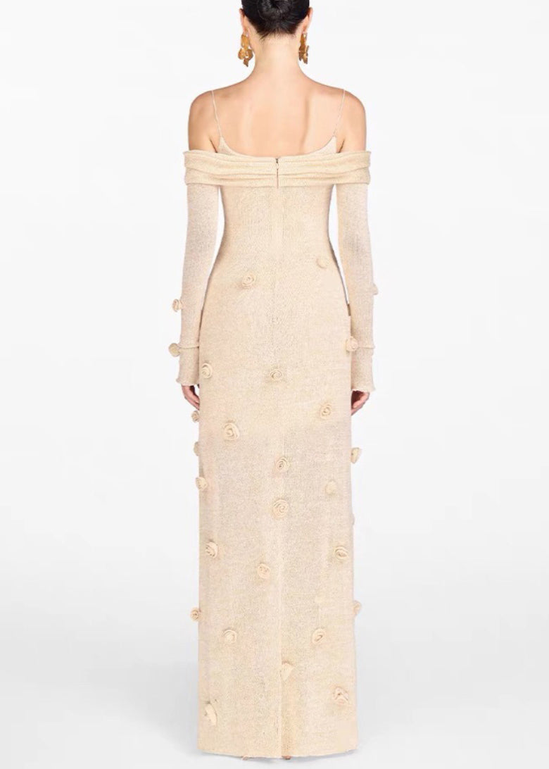 Novelty Beige Slash Neck Knit Maxi Dresses Fall