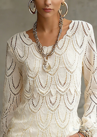 Novelty Beige Hollow Out Solid Lace Tops Spring