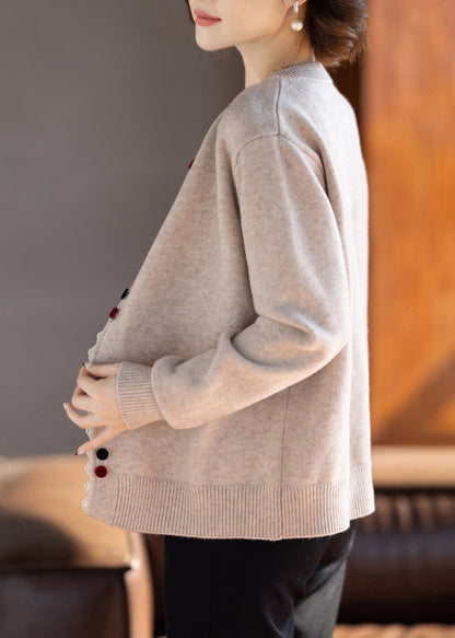 Novelty Beige O-neck Patchwork Cotton Knit Cardigans Fall