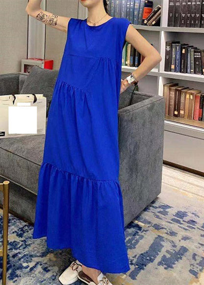 Novelty Black O-neck Patchwork Wrinkled Cotton Long Dress Summer