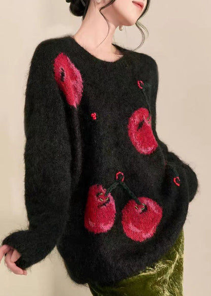 Novelty Black O-neck Print Cozy Cotton Knit Sweaters Spring